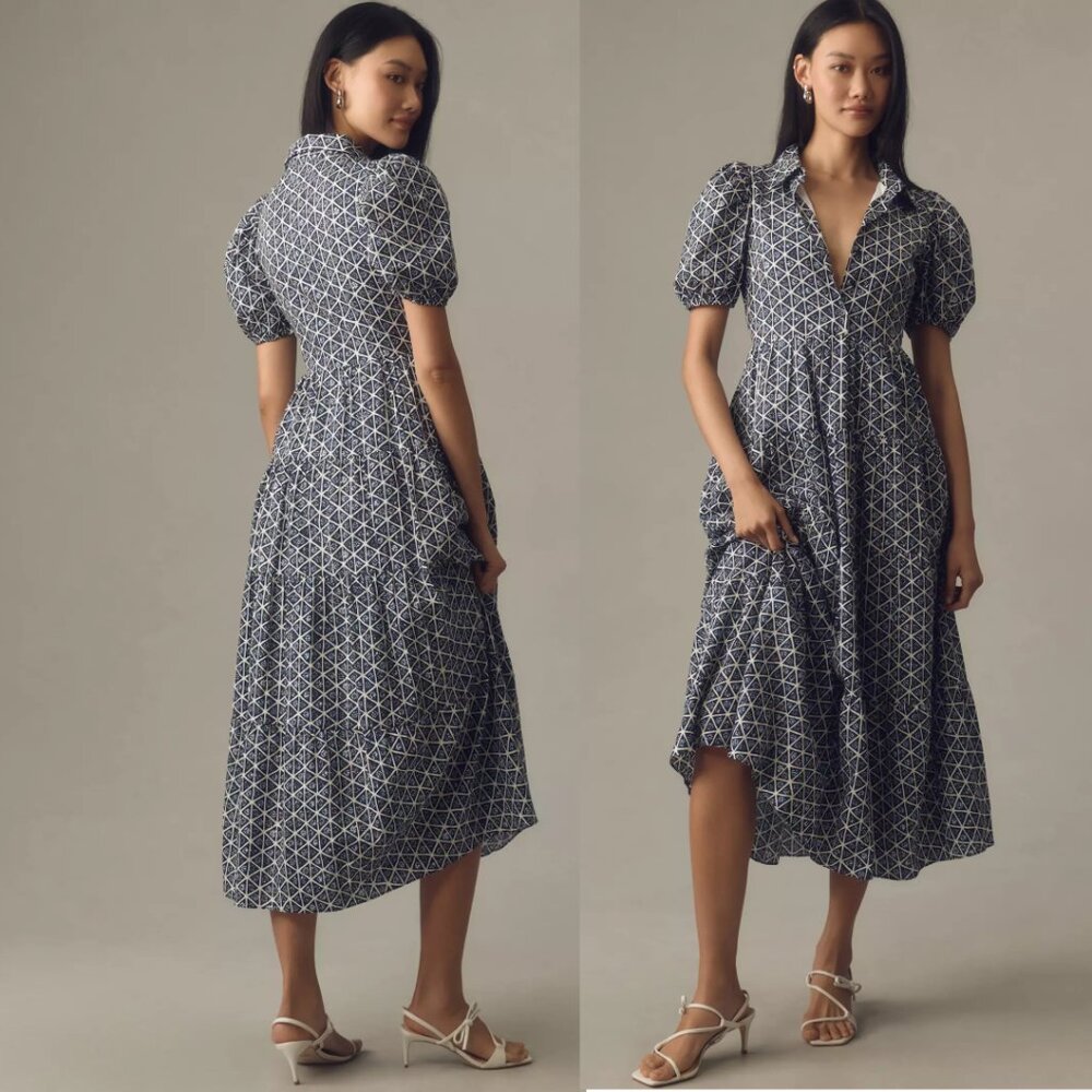 anthropologie English Factory Puff-Sleeve Tiered Midi Shirt Dress M blue new NWT - Picture 1 of 5